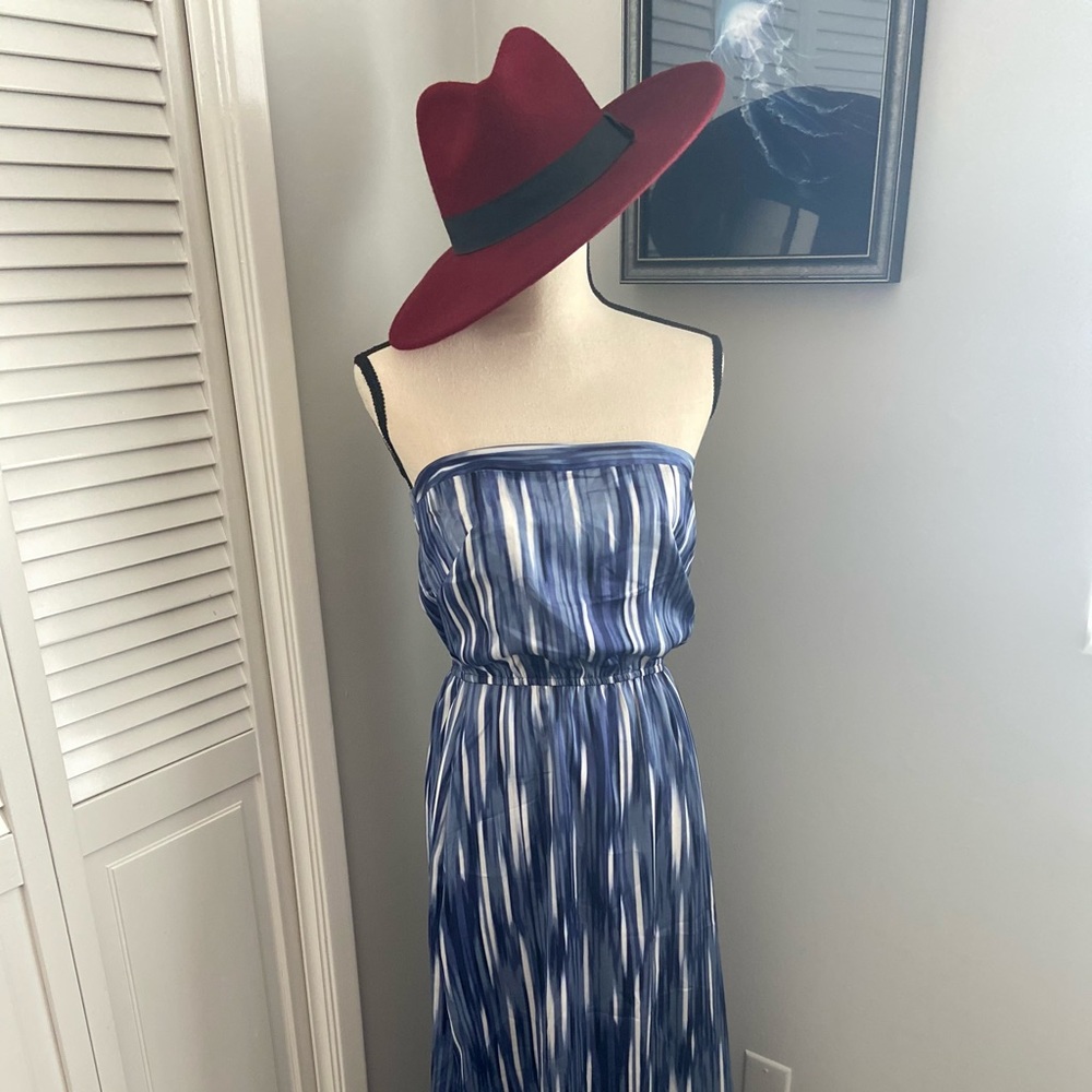 WHBM Blue & White Satin Maxi Sundress